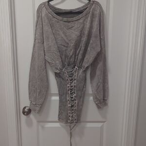 Gray Lace-Up Corset Sweater
